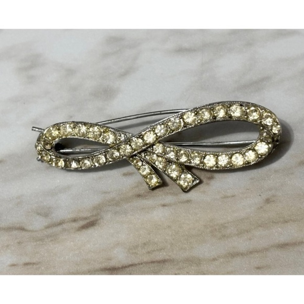 Vintage‎ Clear Rhinestone Bow Dress Fur Clip Double Prong Silver Tone 1940s
